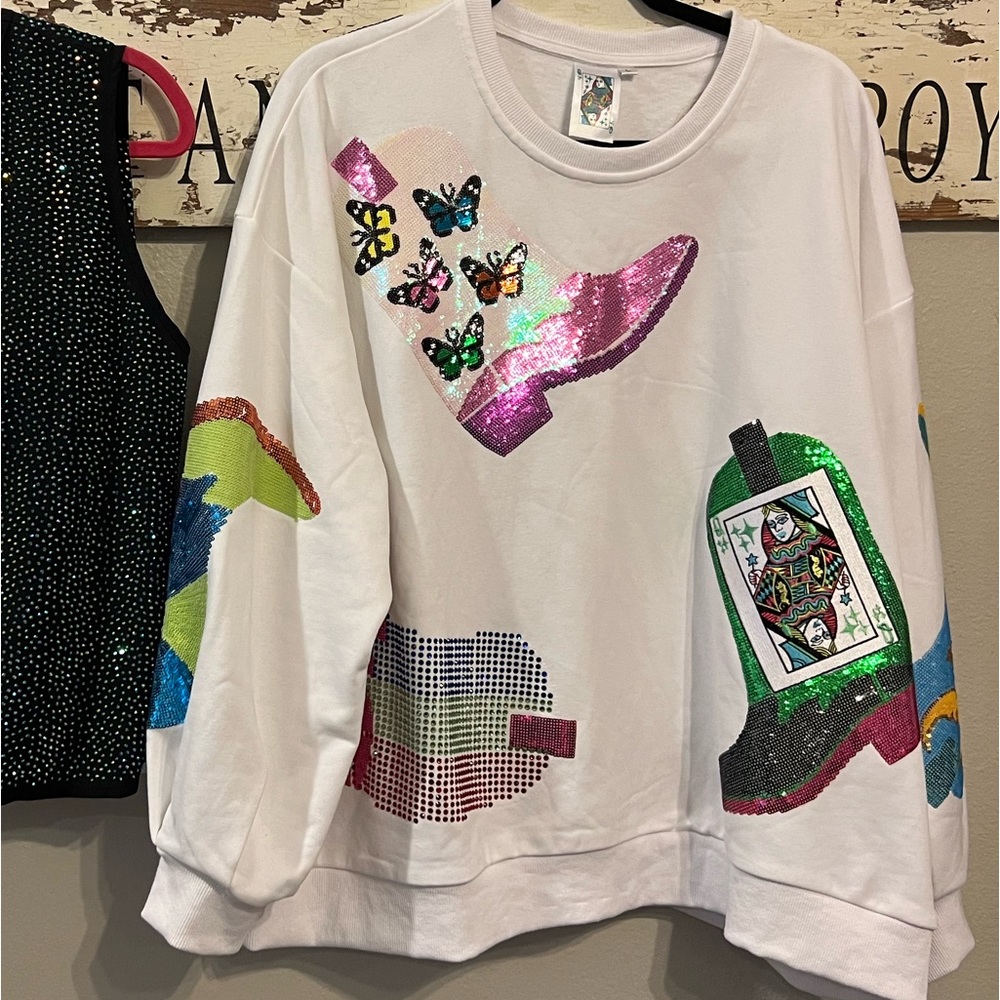 Queen of sparkles QOS boots sequin sweatshirt